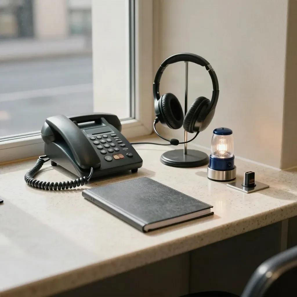 Kundenservice-Konsole mit Telefon, Headset, Signallampe und geschlossener Mappe im ruhigen Büro
