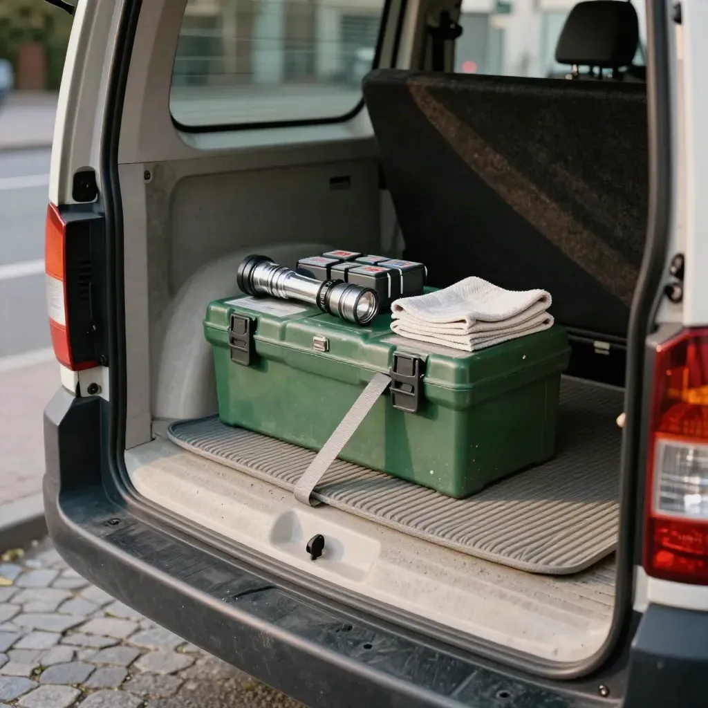 Offener Servicewagen mit Werkzeugkiste, Taschenlampe, Batterien und Gummimatte im Morgenlicht