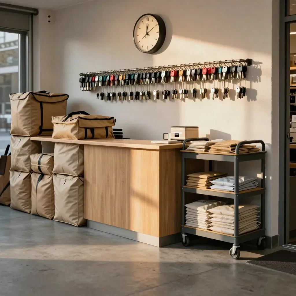 Rückseite eines kleinen Ladens mit Liefertaschen, Schlüsseln, Uhr und Rollwagen im Licht.