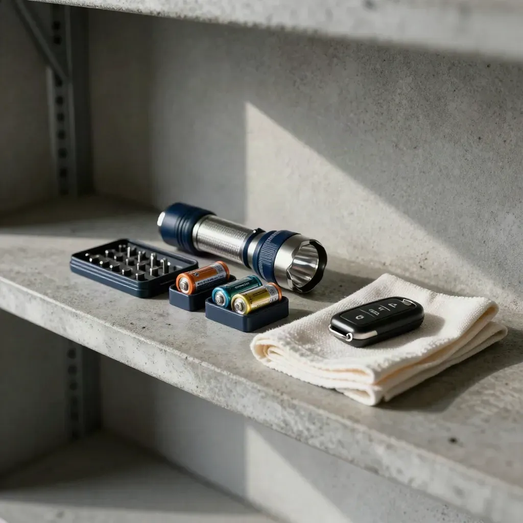 Start-Kit mit Taschenlampe, Bit-Set, Batterien, Tuch und Autoschlüssel auf grauer Werkbank